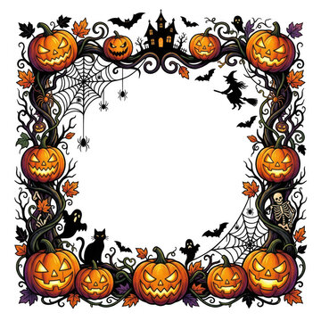 Halloween pumpkin frame with spooky bats and scary castle silhouette decoration
