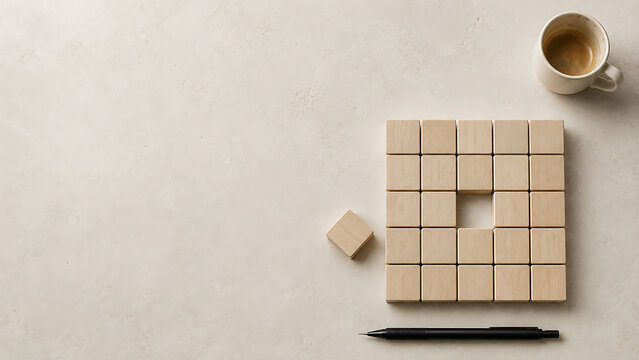 Abstract concept of order and missing piece with geometric wooden cubes structure minimalist business strategy creative management solution arrangement workplace organized leadership