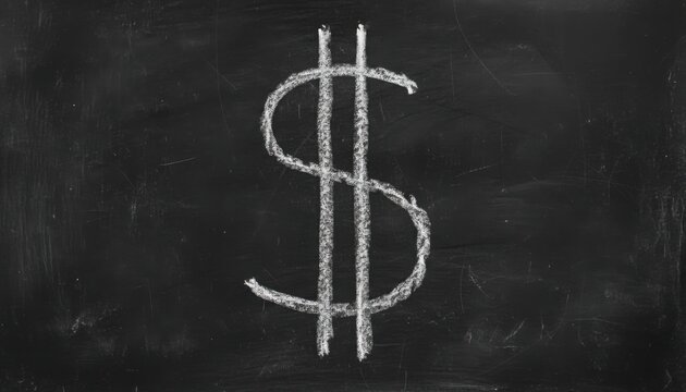 Chalk drawn dollar sign on a blackboard background, symbolizing economic learning, money saving, and classroom education about business and finance