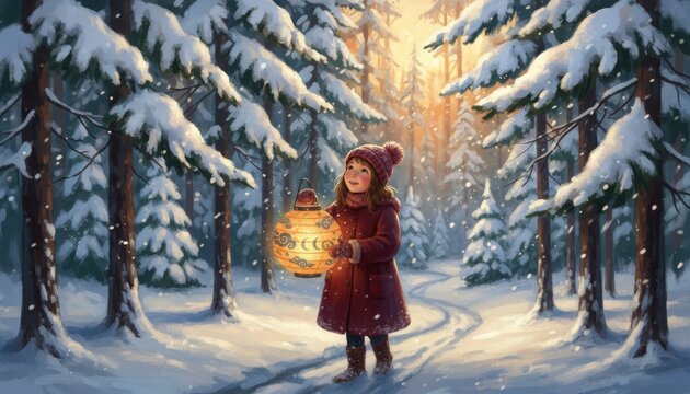 A young girl in a red coat holds a glowing lantern while walking through a snowy forest at sunrise, symbolizing warmth, wonder, and the magic of winter traditions