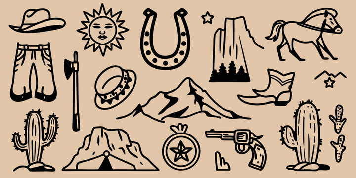 Western themed Black Sketches On Tan Background Illustration Collection