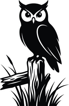Black and white vector illustration of a wise owl perched on a wooden fence post