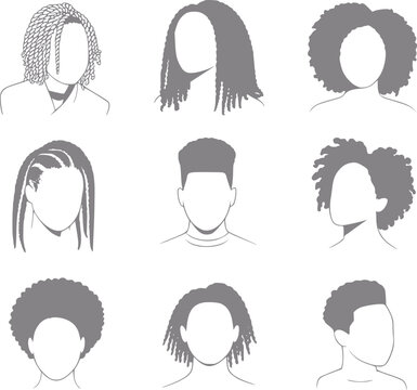 A collection of diverse african american hairstyles and haircuts illustrated as simple grey silhouette