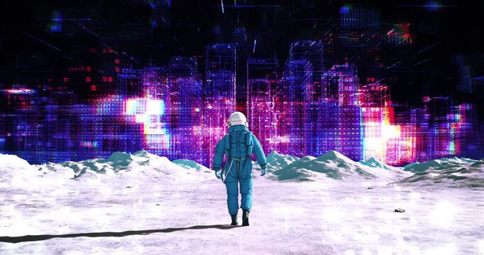 Spaceman walking on futuristic cratered terrain towards high tech metaverse city. Abstract Digital Space City Concept.