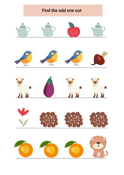 Find the odd one out children worksheet.Kids activity worksheet for preschool A4