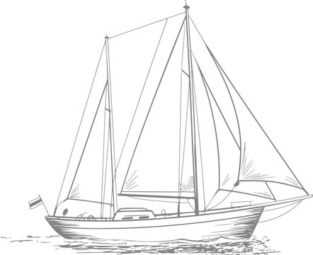 A detailed hand-drawn of a classic two-masted sailboat sailing on the water in a vintage style