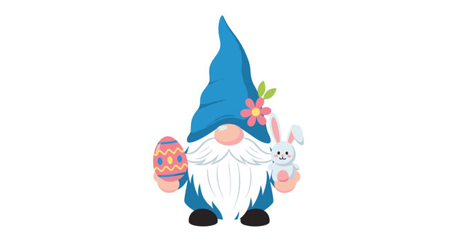 Cute Easter gnome with a long white beard wearing a tall blue hat and holding a colorful easter egg and a small white bunny rabbit.