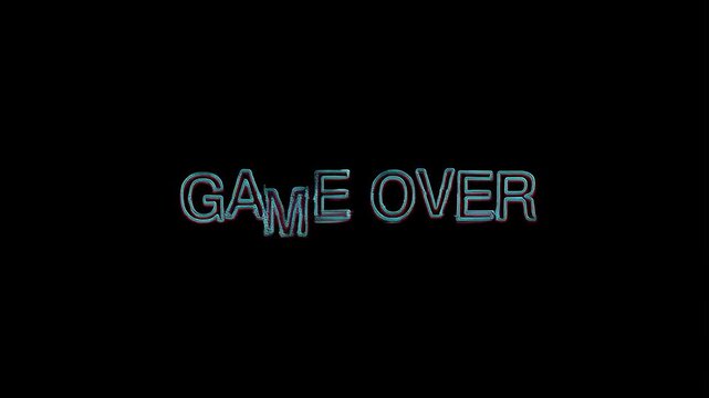 Looped GAME OVER glitch animation, cyberpunk RGB distortion, isolated on black background. Vintage 80s 90s video game screen. 4K 3D seamless loop, Cinema trailer, title banner and front loaded effect.