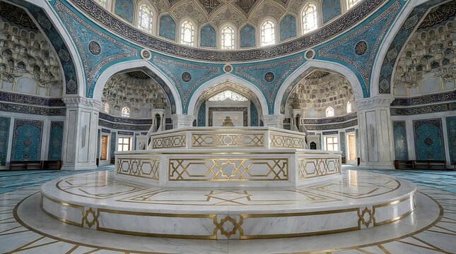 Ornate interior of a large domed mosque.