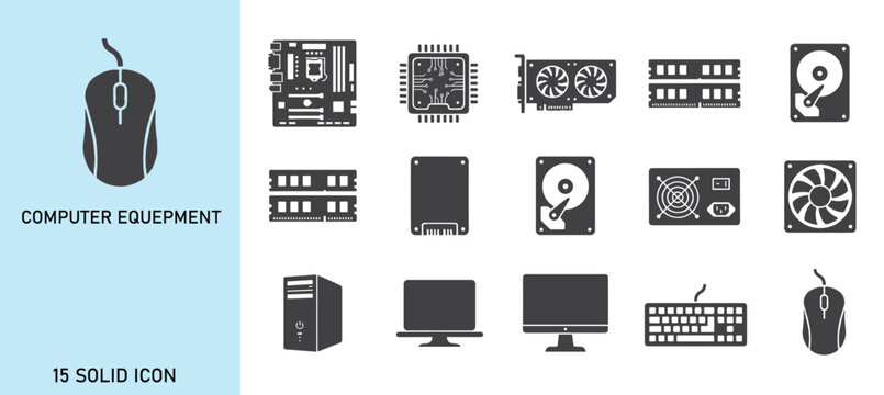 Computer equipment icon set. Containing motherboard, processor, fan, case and monitor icons. Vector illustration