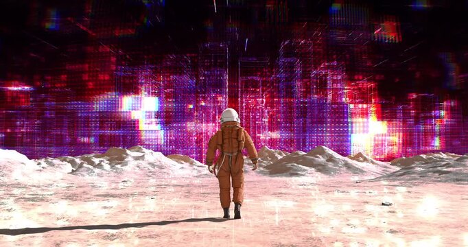 Astronaut walking on lunar landscape with purple neon holographic city background. Abstract Digital Space City Concept.