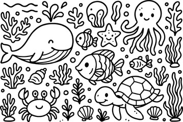 Obraz premium Underwater Doodle Vector Icon Set