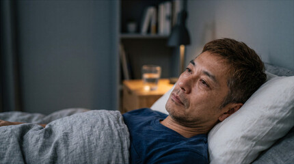 Fototapeta premium Middle aged Asian man lying awake in bed and staring into the distance. Insomnia and nighttime worry concept