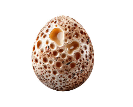 Quail Egg with Abstract Texture: A close-up, isolated image of a single quail egg showcases its intricate, dappled brown and cream speckled pattern with small indentations.