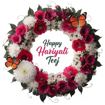Floral wreath with butterflies for Happy Hariyali Teej greeting.