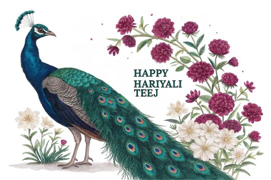 Botanical style artwork featuring peacock feathers and magenta flowers.
