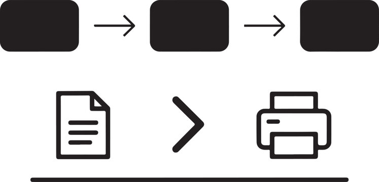 A simple process flow diagram with three black rounded rectangles connected by arrows and a document pointing to a printer on white background.