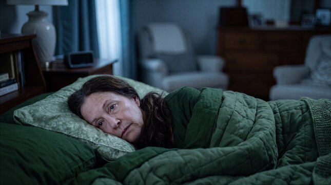 Mature woman lying awake under green bedding at night. Insomnia, loneliness and sleep deprivation concept