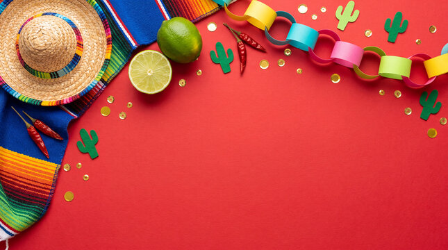 Festive Mexican flat lay background featuring a sombrero, serape blanket, limes, chili peppers, and colorful paper chain decorations on a red background with copy space.