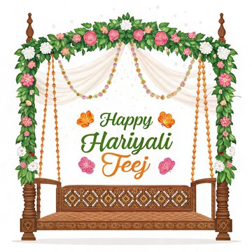 Happy Hariyali Teej illustration with floral garland and draped fabric.