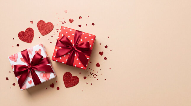 Flat lay composition of wrapped Valentine's gift boxes, red ribbons, and glitter hearts on a background with copy space.