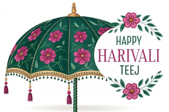 Green traditional umbrella with pink flowers for Hariyali Teej.
