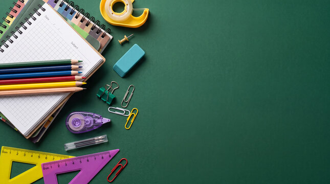 Flat lay of colorful school supplies, notebooks, colored pencils, and stationery arranged on a green background with copy space.