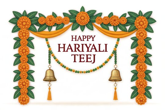 Festive toran illustration with green leaves and marigold garlands.