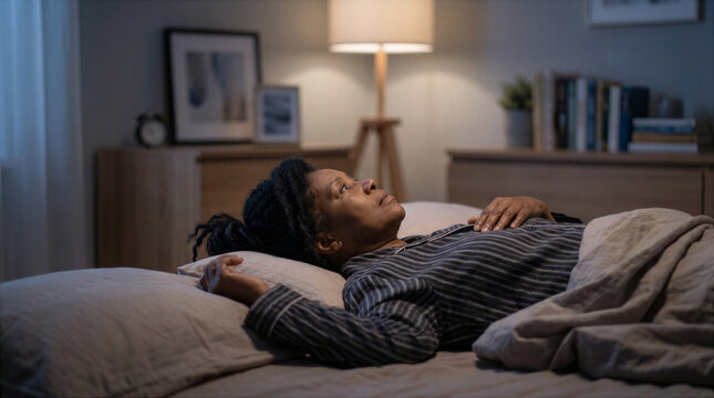 Afro American woman lying awake in pajamas and staring at the ceiling. Insomnia and overthinking concept