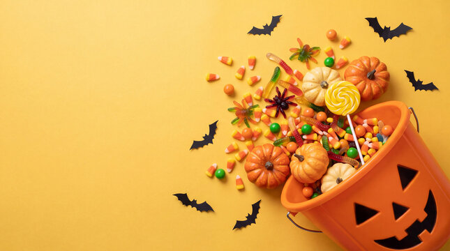 Top view of Halloween jack-o-lantern bucket overflowing with candies, pumpkins, and bats on a yellow background with copy space.
