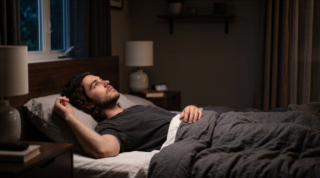 Young man lying awake and staring at the ceiling during a sleepless night. Insomnia and racing thoughts concept