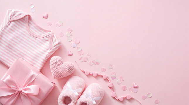 Flat lay of pink baby girl clothes, gift box, booties, and hearts on a pastel background, perfect for baby shower and newborn announcements.