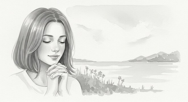 Woman praying beside scenic lake