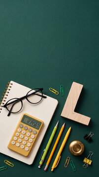 Top view flat lay of school and office supplies including a notebook, calculator, glasses, and pens arranged neatly on a dark green background with copy space.
