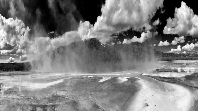 Balck and white infra red image of  the Grand Prismatic Spring, Yellowstone National Park, Wyoming, USA