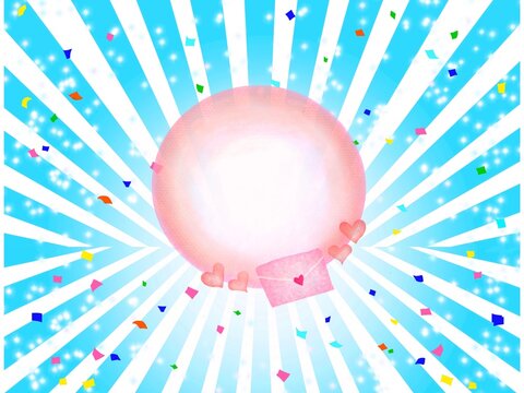 水色の線がピンクの球体から放射状に広がって紙吹雪が舞ってキラキラした背景素材イラスト