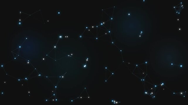 Digital network connection background with glowing blue nodes and lines floating in deep space for futuristic technology and data science theme.