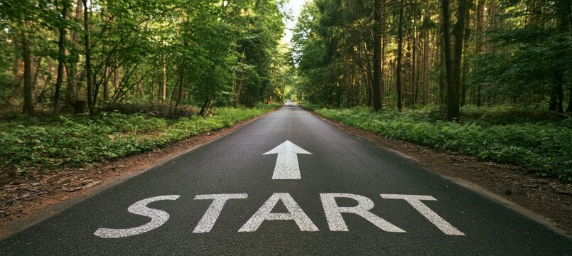 Start word sign on forest green road. Generative AI technology.	
