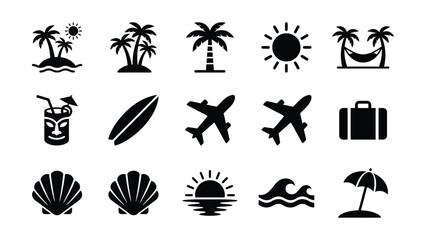Obraz premium Black and white tropical vacation icons set