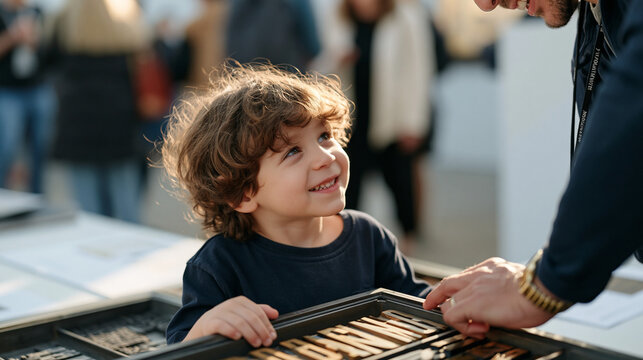 Child's perspective looking up at a letterpress printer in a crowded public exhibition, small eyes level with rows of natural material type blocks arranged in compositing trays,