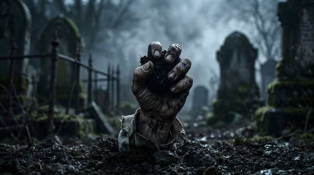 Undead hand emerging from a grave in a dark foggy cemetery