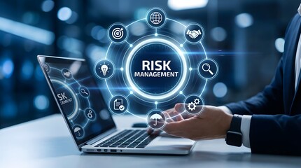 Obraz premium Businessman interacting with digital risk management dashboard and circular icons on laptop screen.