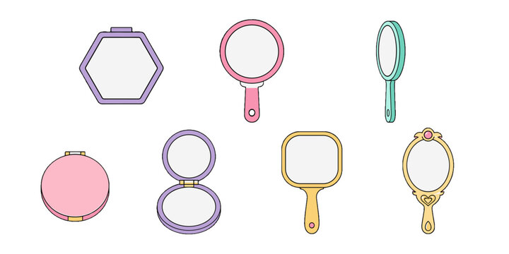Set of pastel cosmetic mirrors and compact mirror vector icons