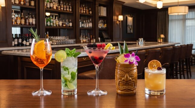 Five assorted colorful cocktails arranged on a wooden bar counter in a pub. Refreshing alcoholic beverages with fruit garnish for happy hour. Sophisticated nightlife and drink menu.