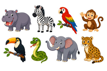 Fototapeta premium Cute cartoon wild animals set with birds and safari mammals
