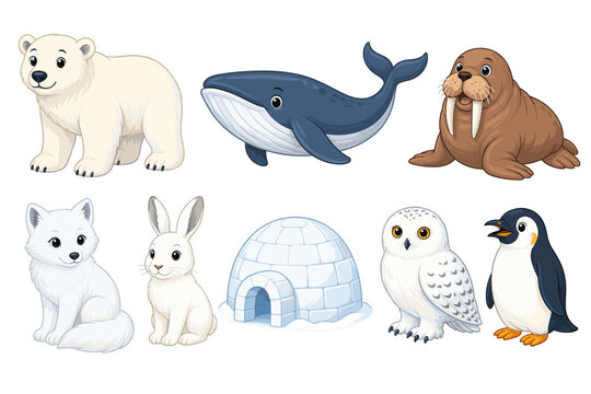Cute polar animals and igloo cartoon vector set