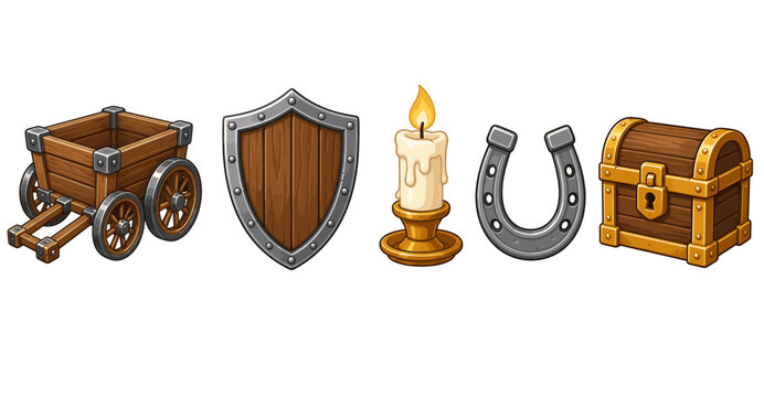 Cart, shield, candle, horseshoe and treasure chest icons