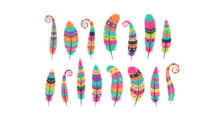 Obraz premium Beautiful selection of highly decorated tribal feathers showcases bright colors, intricate geometric patterns, and curls.