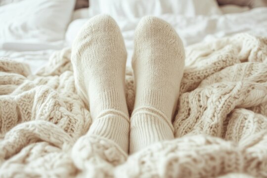 Cozy close-up of feet in warm fuzzy socks resting on a bed with a relaxed home atmosphere