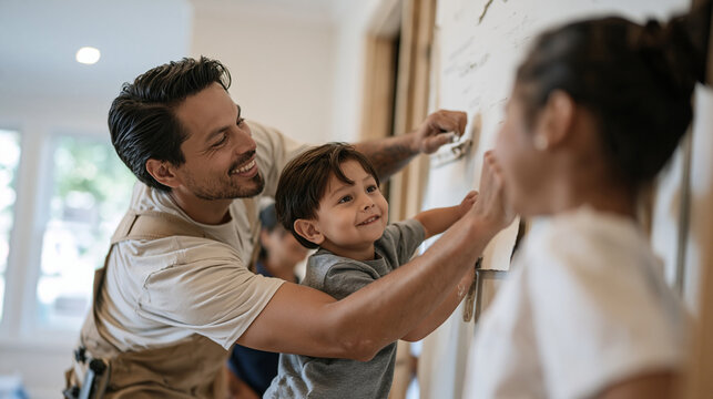 drywall contractor and family homeowner inspecting a freshly hung interior wall in a modest home, the family unit gathered around while a worker smooths joint compound, gradient